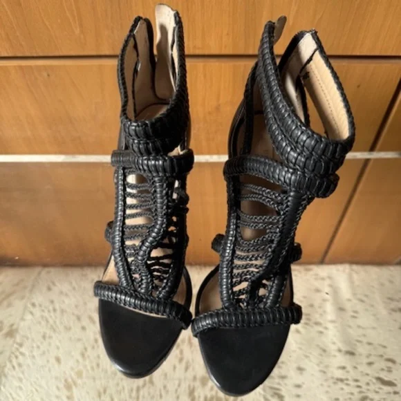 Pre-loved BCBG Black Gladiator Leather Sky High Heel Sandals - Size 6.5 - Picture 1 of 6